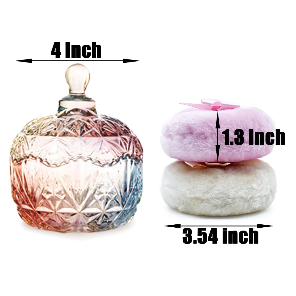 Luxury 4 Inch Glass Loose Powder Container with 2 Soft 3.5" Puffs｜Non-Sealed Refillable Organizer Storage for Body Powder Makeup & Jewelry & Setting Applicator(Crown-Colorful)