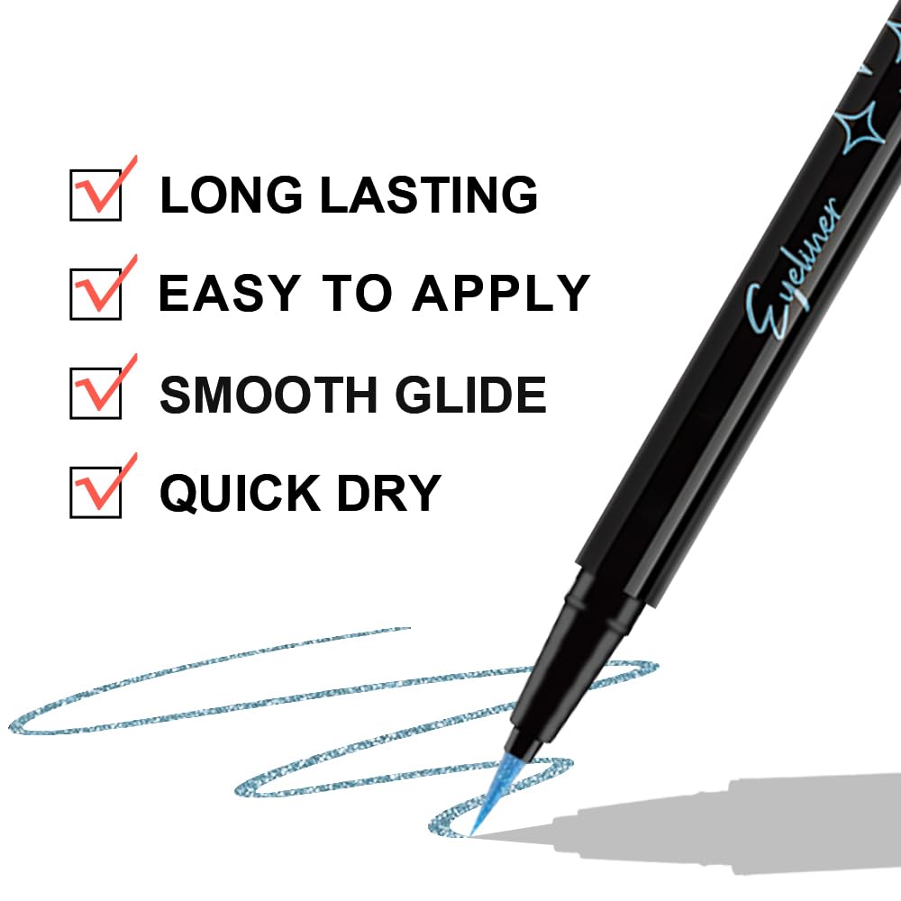 Sky Blue Metallic Glitter Liquid Eyeliner Pen – Long-Lasting Sparkly Waterproof Eyeliner for Women & Men – Tattoo-Effect Eye Makeup for Parties – Delineador de ojos líquido con 08