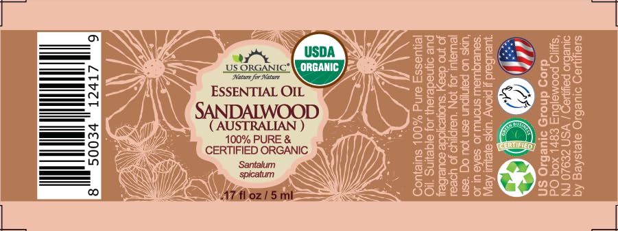 US Organic 100% Pure Sandalwood Essential Oil, USDA Certified Organic, Steam Distilled, Santalum Spicatum, Premium Quality, Woody Scent, Ideal for Diffuser, Massage & Skincare, from Australia (5 ml)