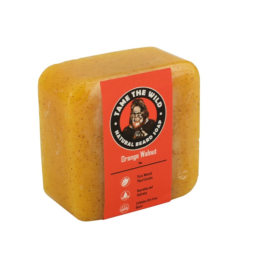 TAME THE WILD Orange Walnut Beard Soap Bar - 5 oz Exfoliating Beard Wash and Face Scrub - Shea Butter and Coconut Oil Cleanser - Hydrating Grooming Soap - Father's Day Gifts