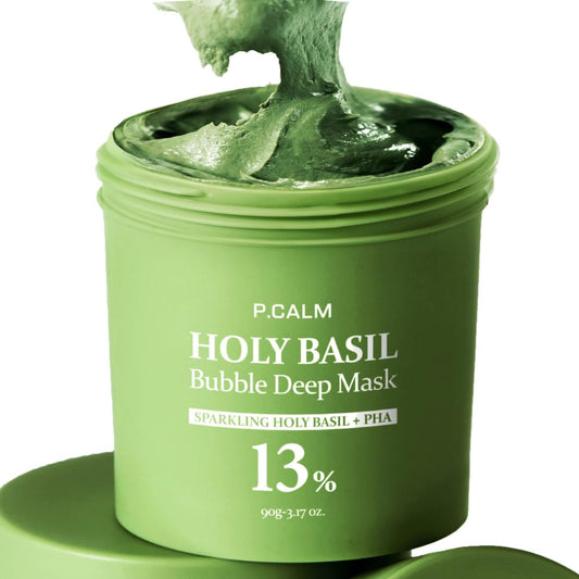 P.CALM Holy Basil Bubble Deep Mask – Holy Basil & Carbonated Water for Cleansing Pores & Blackheads, Korean Clay to Bubble Wash-Off Pack (90g / 3.17 oz)