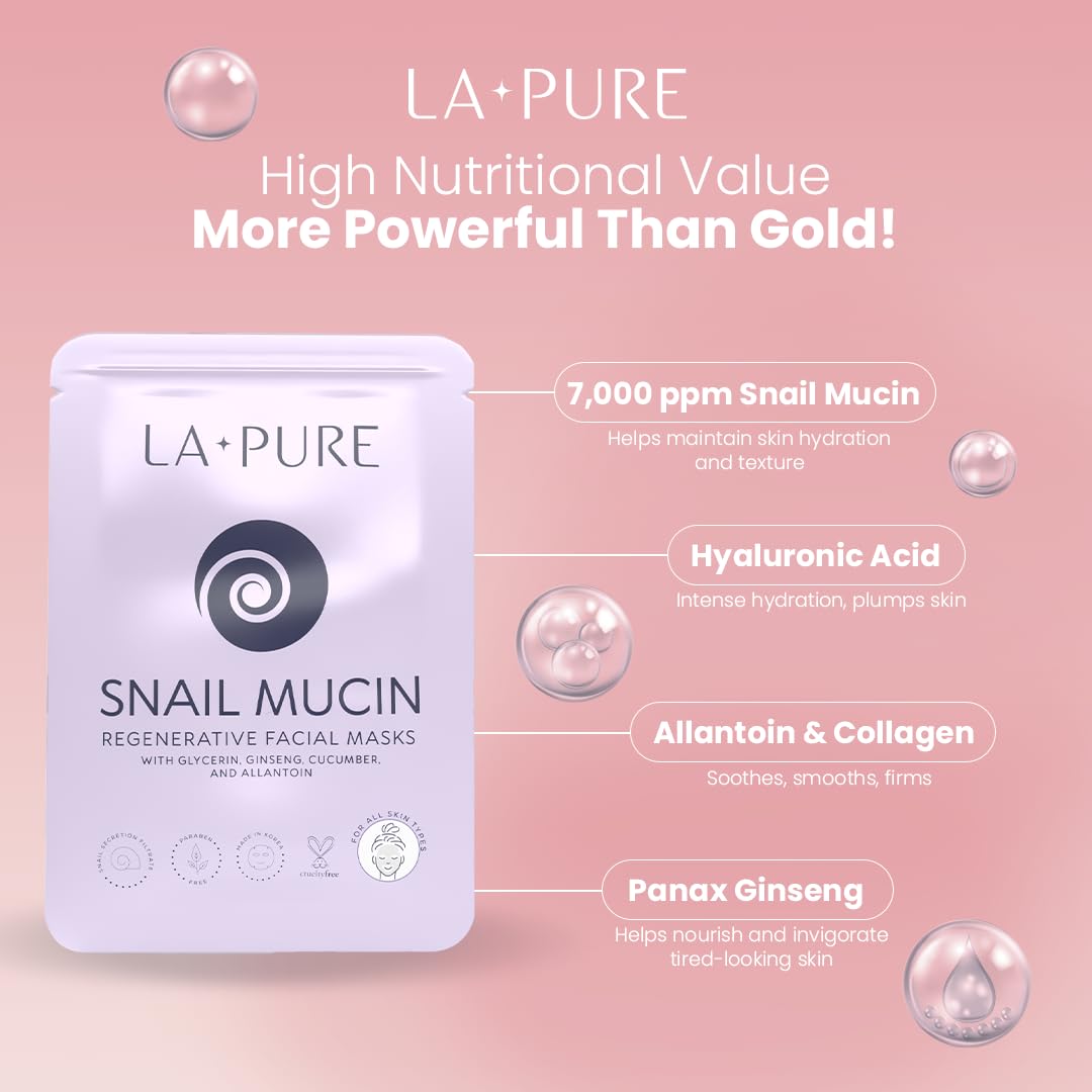 Snail Mucin Mask – 10ct Korean Sheet Mask Pack for Signs of Aging, Aid Skin Repair & Hydration – Pure Snail Mask for Face with Collagen & Hyaluronic Acid – Cruelty-Free Hydrating Sheet Mask