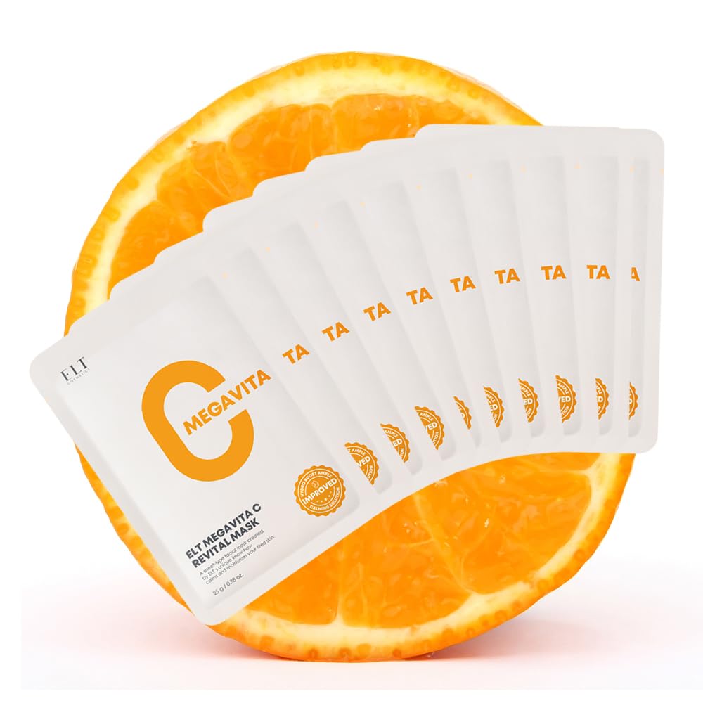ELT Mega Vitamin C Sheet Mask, (25 g / 0.88 oz.) 10 EA Korean Face Mask, Brightening Sheet Mask, Soothing Facial Mask, Wrinkle Fighting, Deep Collagen Mask, Korean Skin care