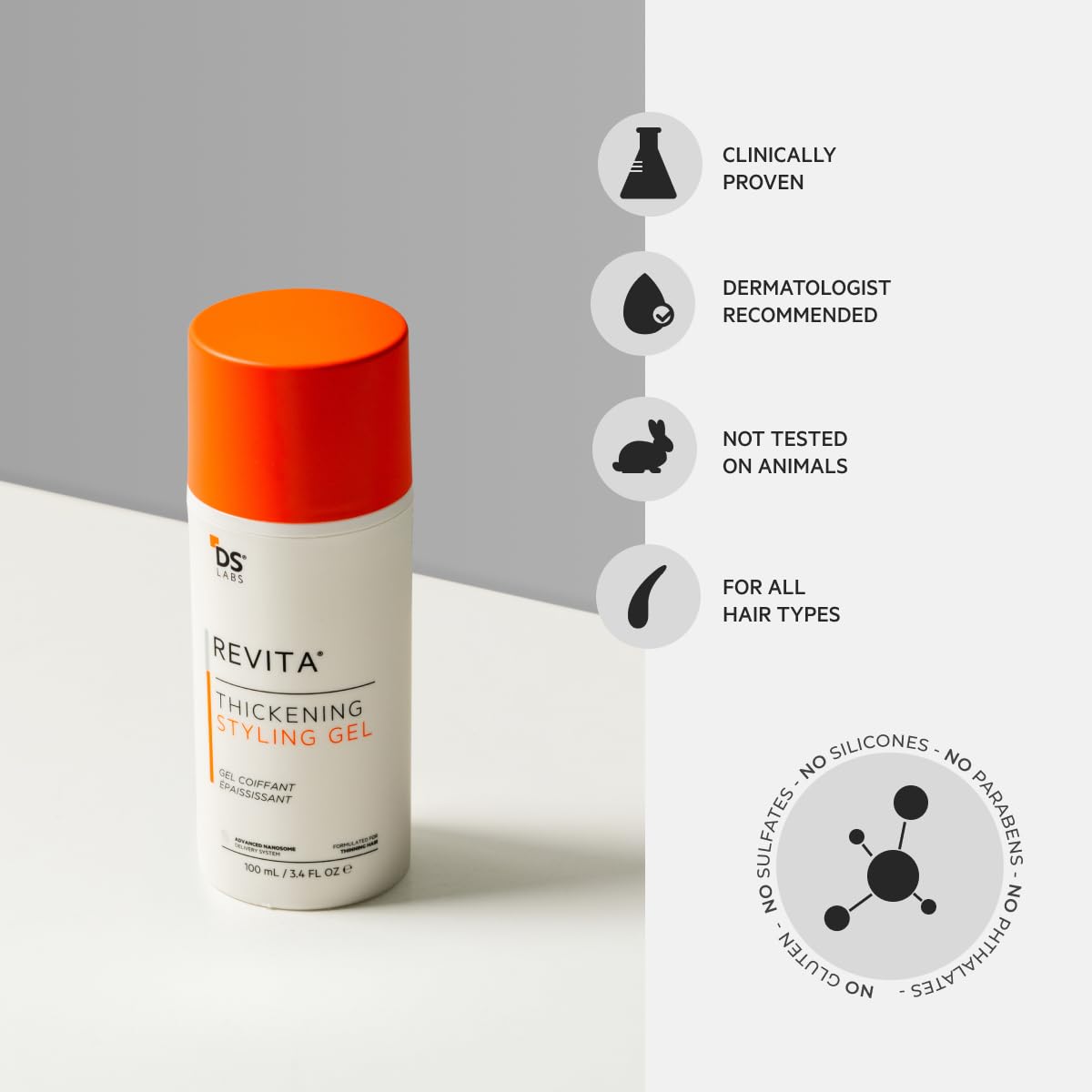 DS Labs Revita Hair Styling Gel for All Hair Types - Medium Hold, Volumizing & Thicker Looking Finish, With Ginseng, Zinc & Caffeine, Water Based, No Flakes or Residue, 3.4 Fl Oz