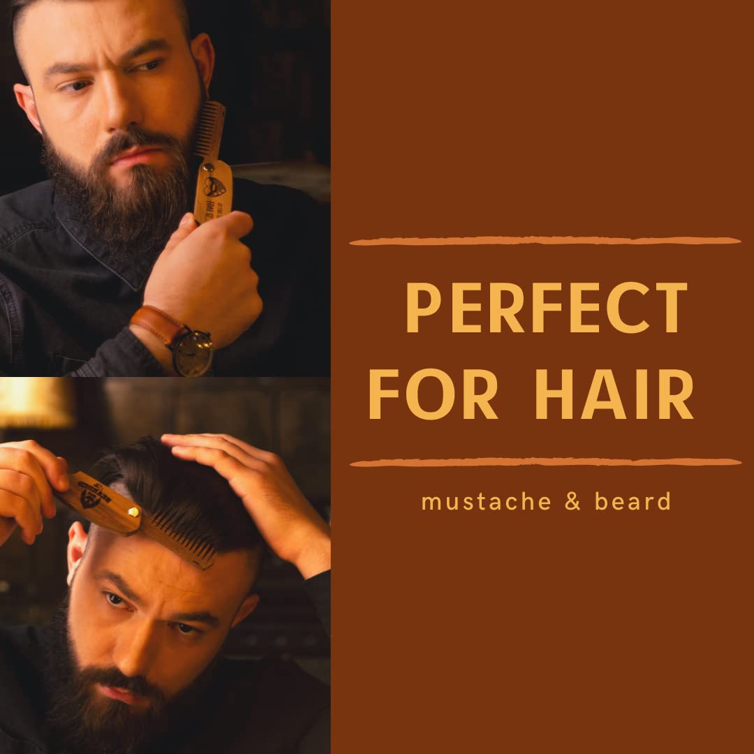 Beard Comb for Men Pocket Folding Combs for Mustache & Hair Travel Natural Wooden Comb with Real Man Engraving - Perfect for Use w/Beard Balm Oil (Wavy Half Skull) (Model RM)
