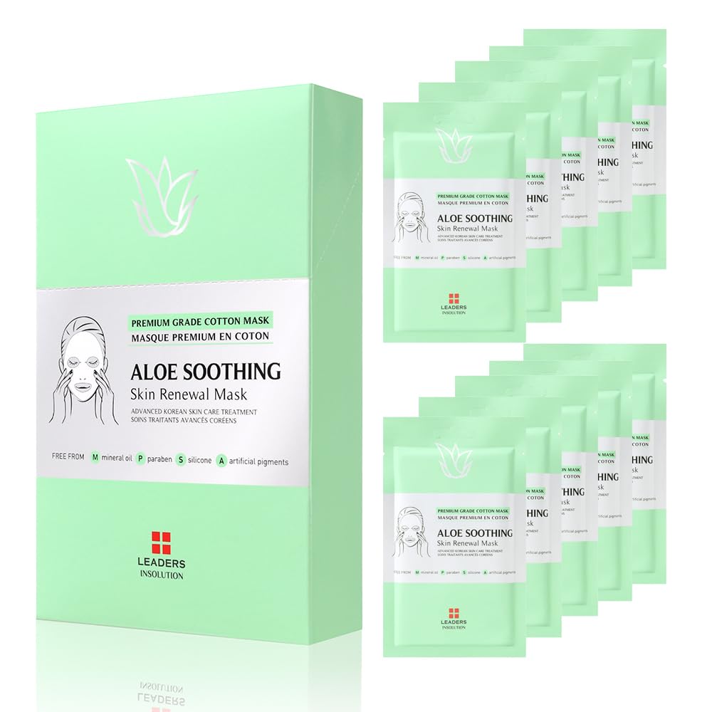 Leaders Insolution Aloe Soothing Skin Renewal Mask | Organic Aloe Leaf & Cactus Extract Hydrating Facial Treatment for Sensitive, Dry, Acne-Prone Skin | UV Repair & Hydration Boost (10 Sheets)
