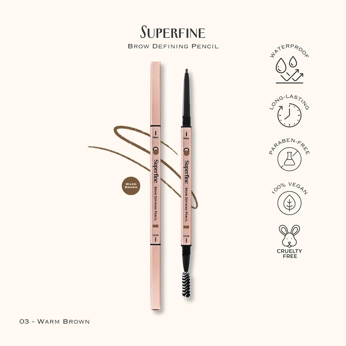 Beauty Superfine Micro Brow Pencil – 1.5mm Ultra-Fine Tip, Waterproof, Vegan Formula, 6 Shades – Long-Lasting Natural Eyebrow Pencil (03 - Warm Brown, 0.08G/0.002 FL.OZ（pack of 1）)