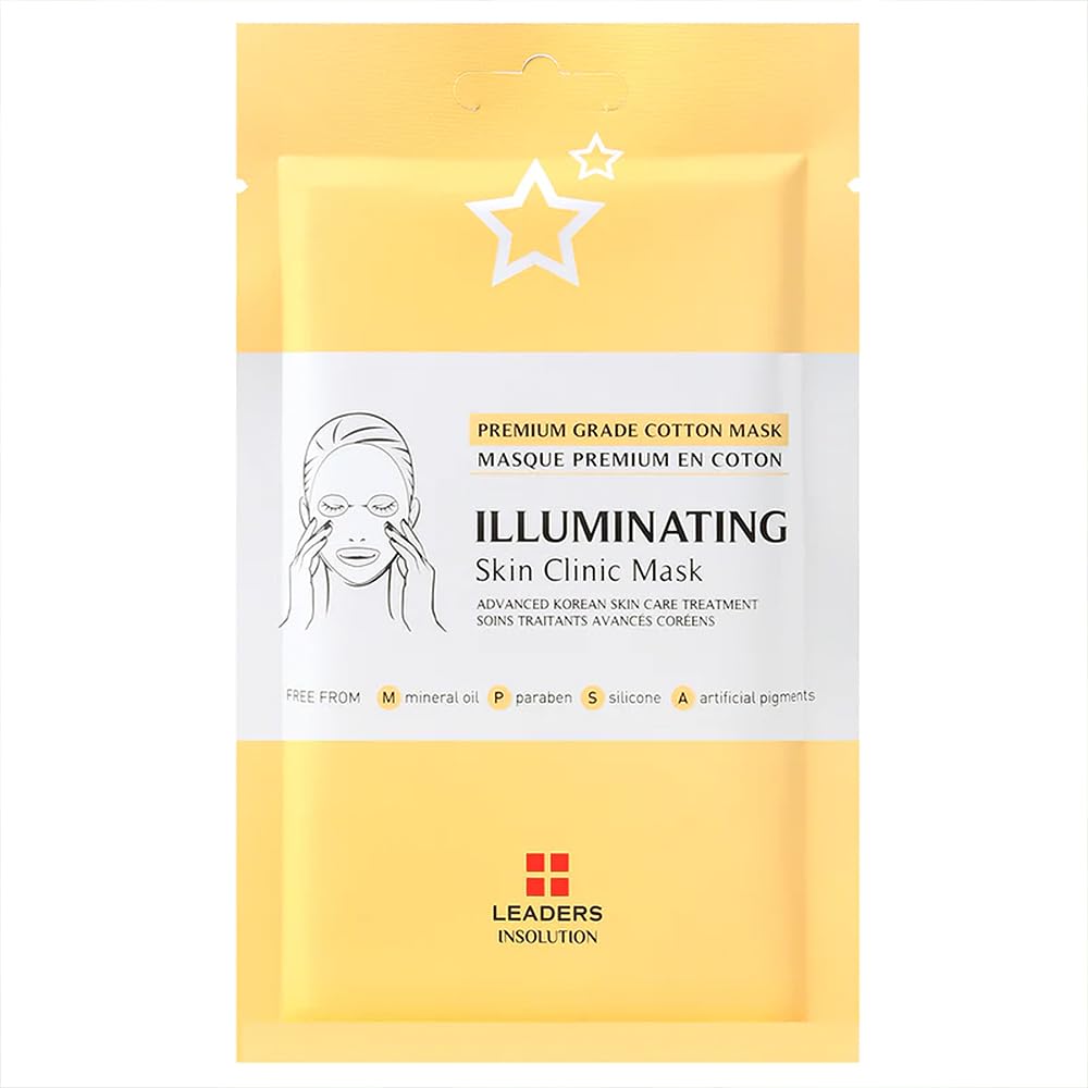 Leaders Insolution Illuminating Skin Clinic Mask | Omega-3 & Purslane Extract for Radiant Glow | Niacinamide Brightening Treatment | Even Skin Tone | 100% Natural Cotton (10 Sheets)
