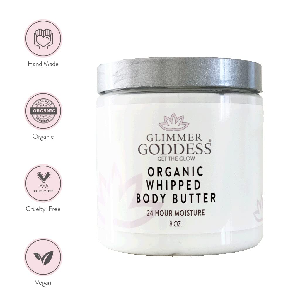 Glimmer Goddess Organic Whipped Body Butter for Women - Moisturizer Cream with Shea & Cocoa Butter, Almonds & Coconut Oil - Pink Grapefruit, 8oz