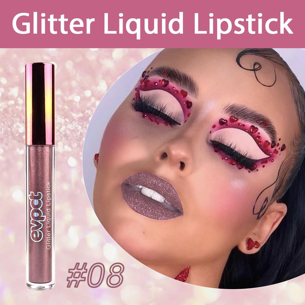 evpct 1Pcs Taupe Mauve Glitter Metallic Shimmer Diamond Lipstick Lip Gloss Stain Set for Women Long Lasting Waterproof, Mauve Purple Sparkle Glitter Matte long Wear Liquid Lipstick Lip Makeup Kit, 08#