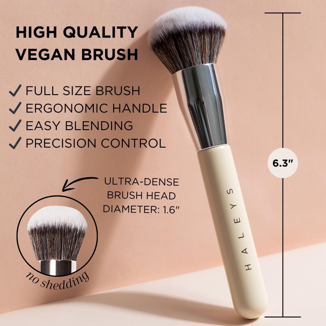 HALEYS Kabuki Makeup Brush + GWP Skin Tint Mini, VEGAN+CRUELTY-FREE, Sustainable Wood, Vegan Bristles for Airbrushed Finish, For Creams, Liquids, Powder, Streak-free, Perfect Blending, Buffs, Blurs