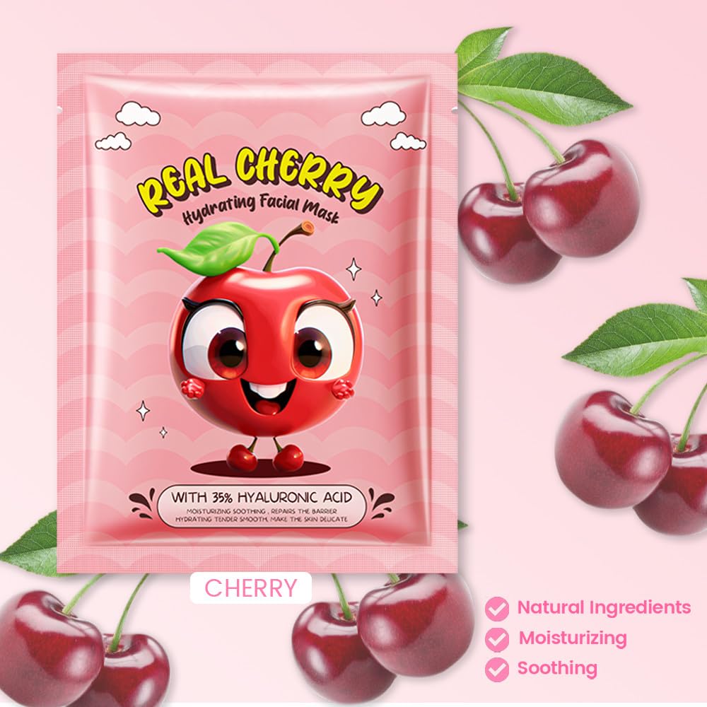 8 Pack Cherry Kids Face Mask,Pink Face Masks Skincare Spa Day Kit Supplies,Spa Party Favors for Teens Girls Women,Sheet Facial Mask Skincare Gifts Set,Moisturize Soothe for All Skin Types