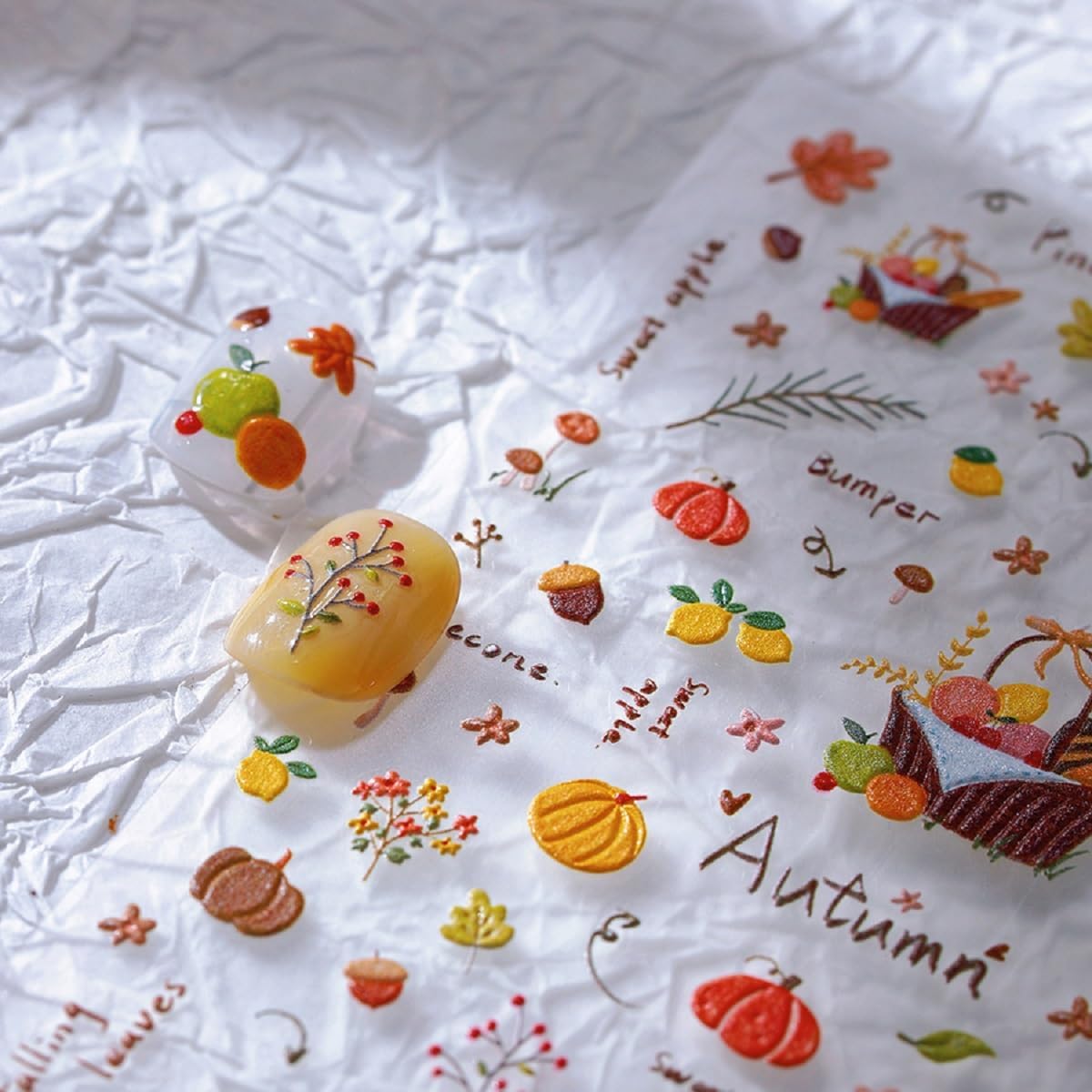 5D Embossed Nail Art Stickers Fall Nail Decals Pumpkin Nail Sticker Thanksgiving Day Art Decorations Nails Art Supplies Self-Adhesive Autumn Leaves Nails Stickers for Women Manicure