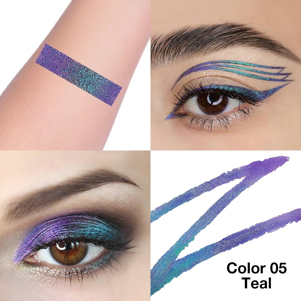 evpct Chameleon Duo Chrome Liquid Eyeliner, Teal Sapphire Blue Glitter Metallic Shimmer Liquid Eyeliner, Multichrome Color Shift, Long Lasting Waterproof Eye Liner Eyeshadow Pencil Face Glitter Makeup