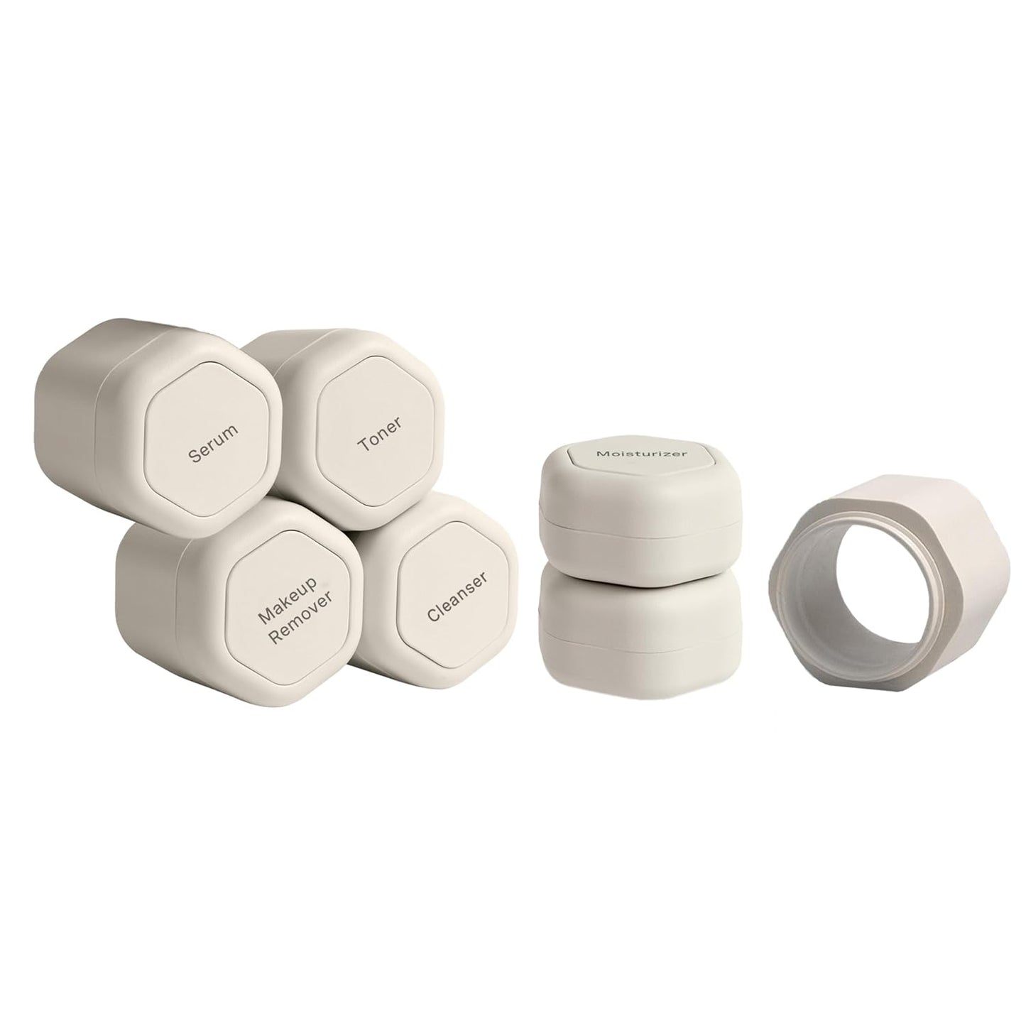 Cadence Travel Containers - Full Skincare Set - Magnetic Containers with Lids,Carry On Travel Essentials For Women/Men - 2 Small (0.56oz), 4 Medium Capsules (1.32oz), & Extender (1.43oz) - Sand