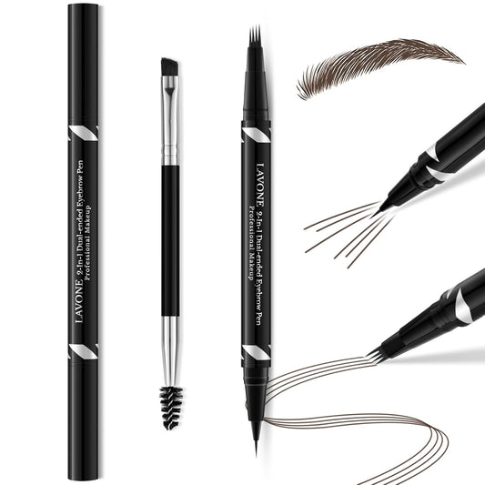 LAVONE 2-IN-1 Dual-ended Waterproof Eyebrow Pencil, 4 Tip Microblading Pen & Ultra-Precise Brow Pencil, Dual-ended Eyebrow Brush, Ebony