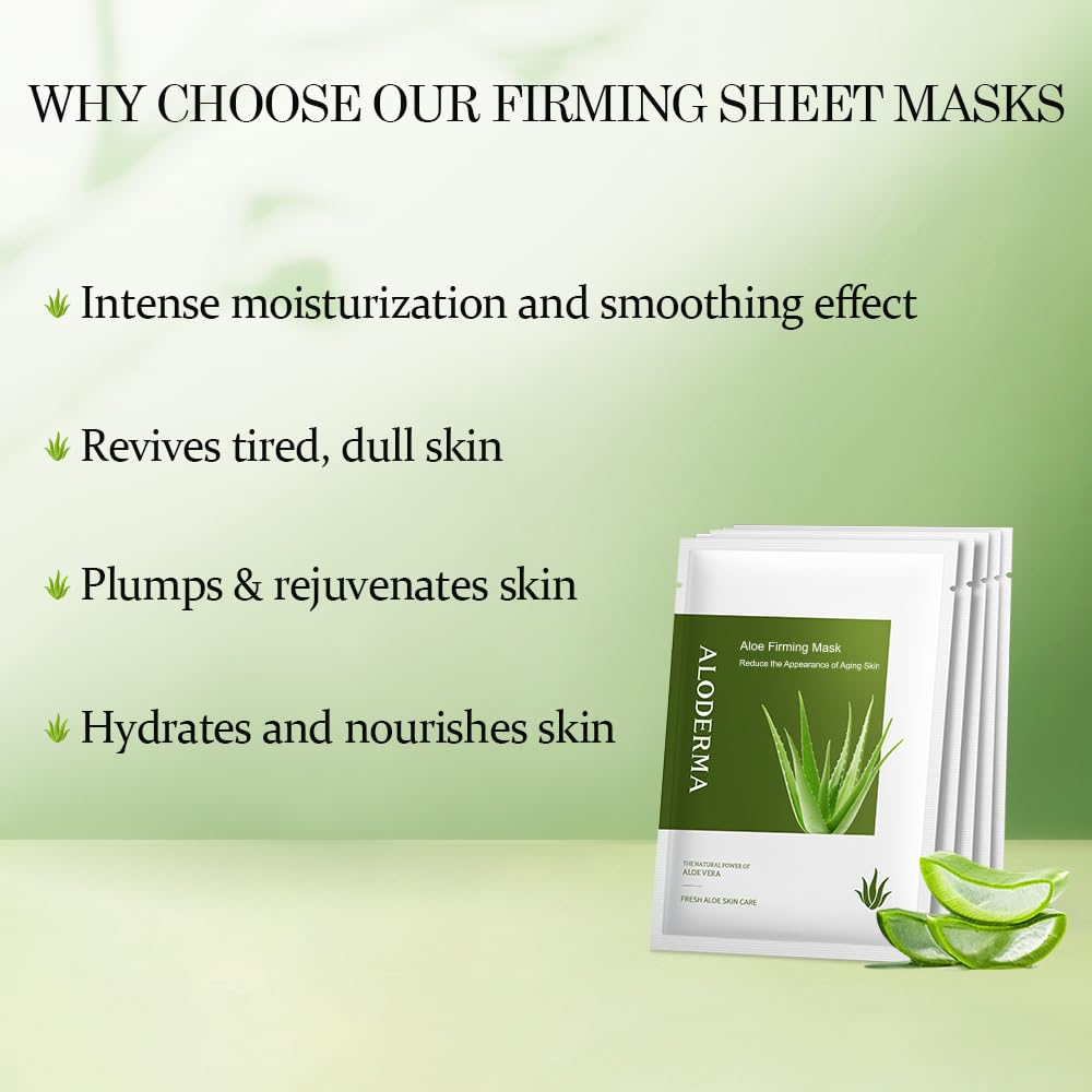 Aloderma Firming Sheet Masks with 89% Organic Aloe Vera 5 pcs - Formulated for Age-Defying Results with Hyaluronic Acid & Arginine, Intense Hydration & Nourishment for Plump, Supple, Rejuvenated Skin