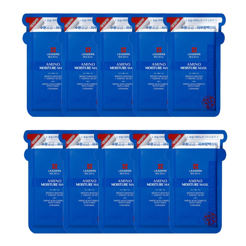 Leaders Mediu Amino Moisture Hydrating Facial Sheet Mask | Natural Mineral Water, Hyaluronic Acid, Ceramide | Anti-Aging, Soothes Dry Skin, Enhances Elasticity (10 Sheets)