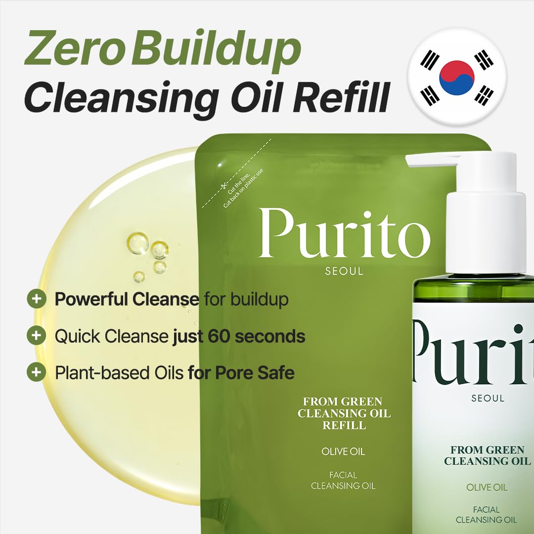 PURITO From Green Cleansing Oil Refill, Fragrance-Free Makeup Remover for Face & Eyes, Gentle Vegan Oil Cleanser for Sunscreen & Waterproof Makeup, Cruelty-Free Korean Skin Care