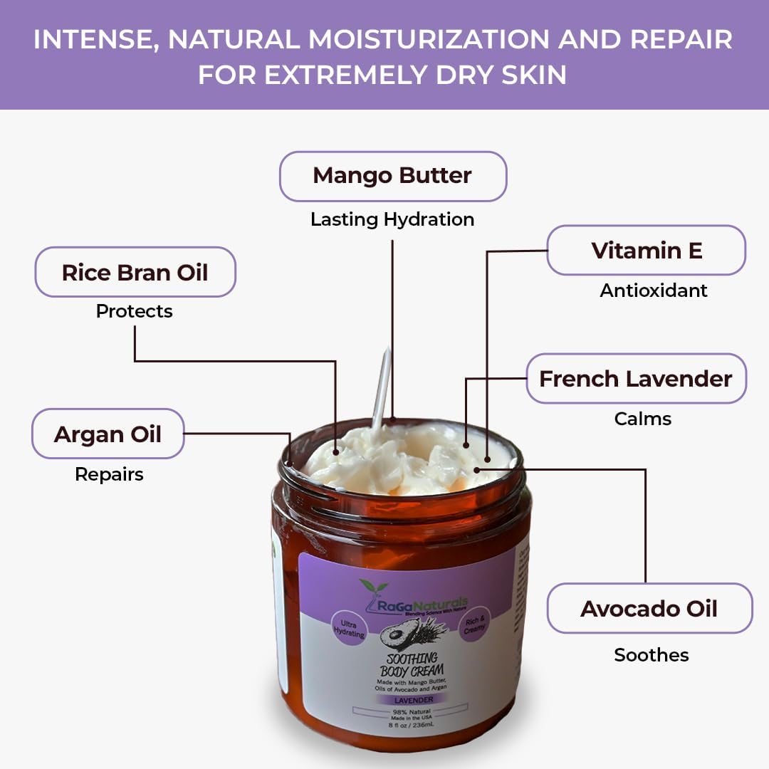 RaGaNaturals Calming Lavender Hand & Body Cream for Dry to Very Dry Skin - All Natural Vitamin E Face Cream to Deliver Healthy-Looking Glow -Non Toxic, Vegan Lavender Lotion for Women, Men, Baby -8 Oz