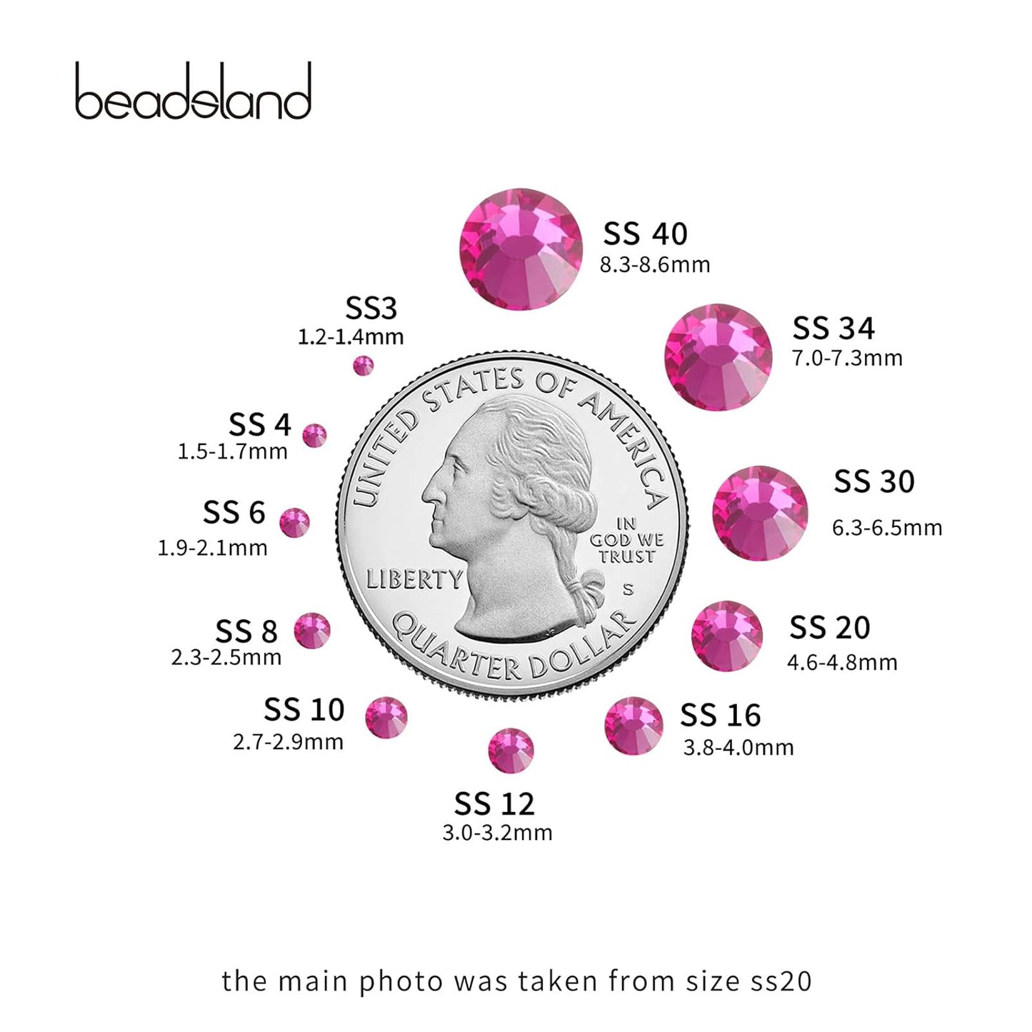 Beadsland 1440pcs Flat Back Crystal Rhinestones Round Gems for Nail Art and Craft Glue Fix, Fuchsia,SS16,3.8-4.0mm