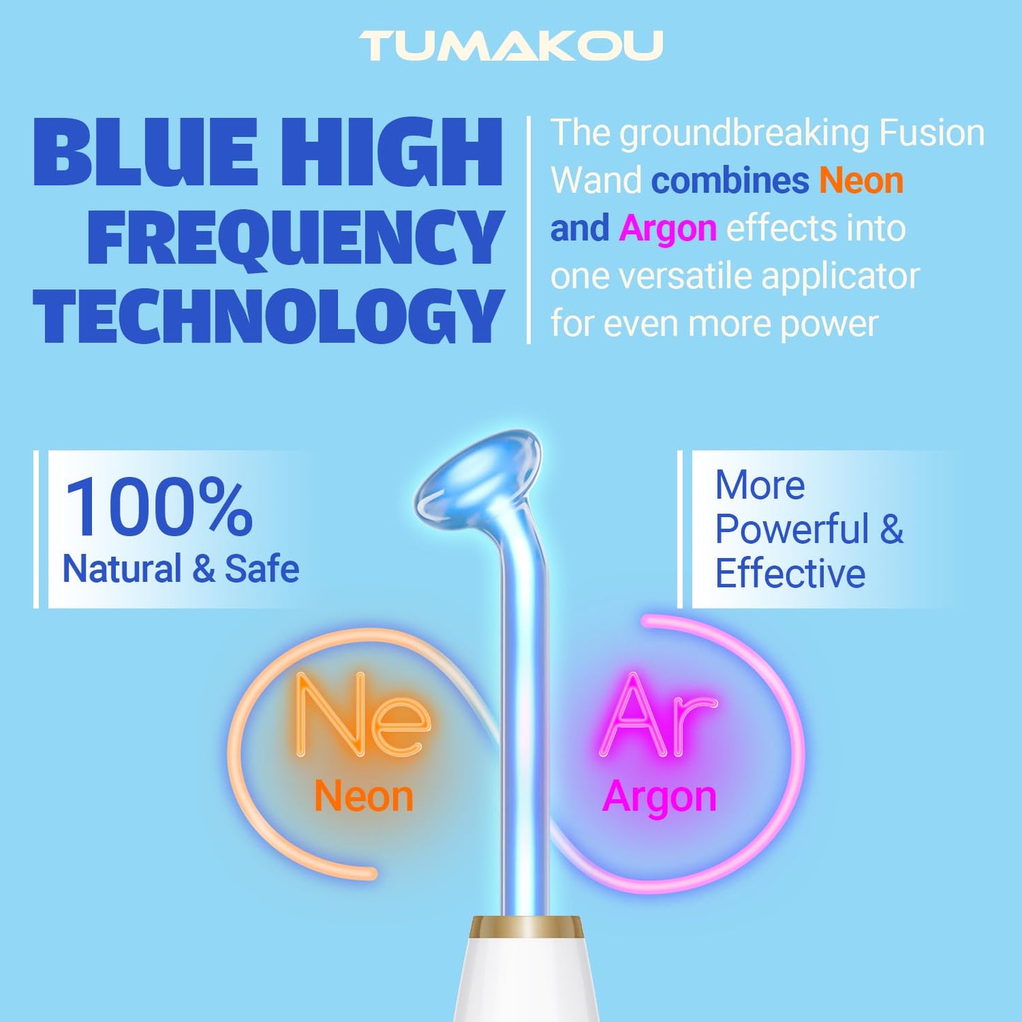 High Frequency Facial Device - TUMAKOU Blue High Frequency Facial Wand - Portable High Frequency Machine with 4 Fusion Neon + Argon Wands
