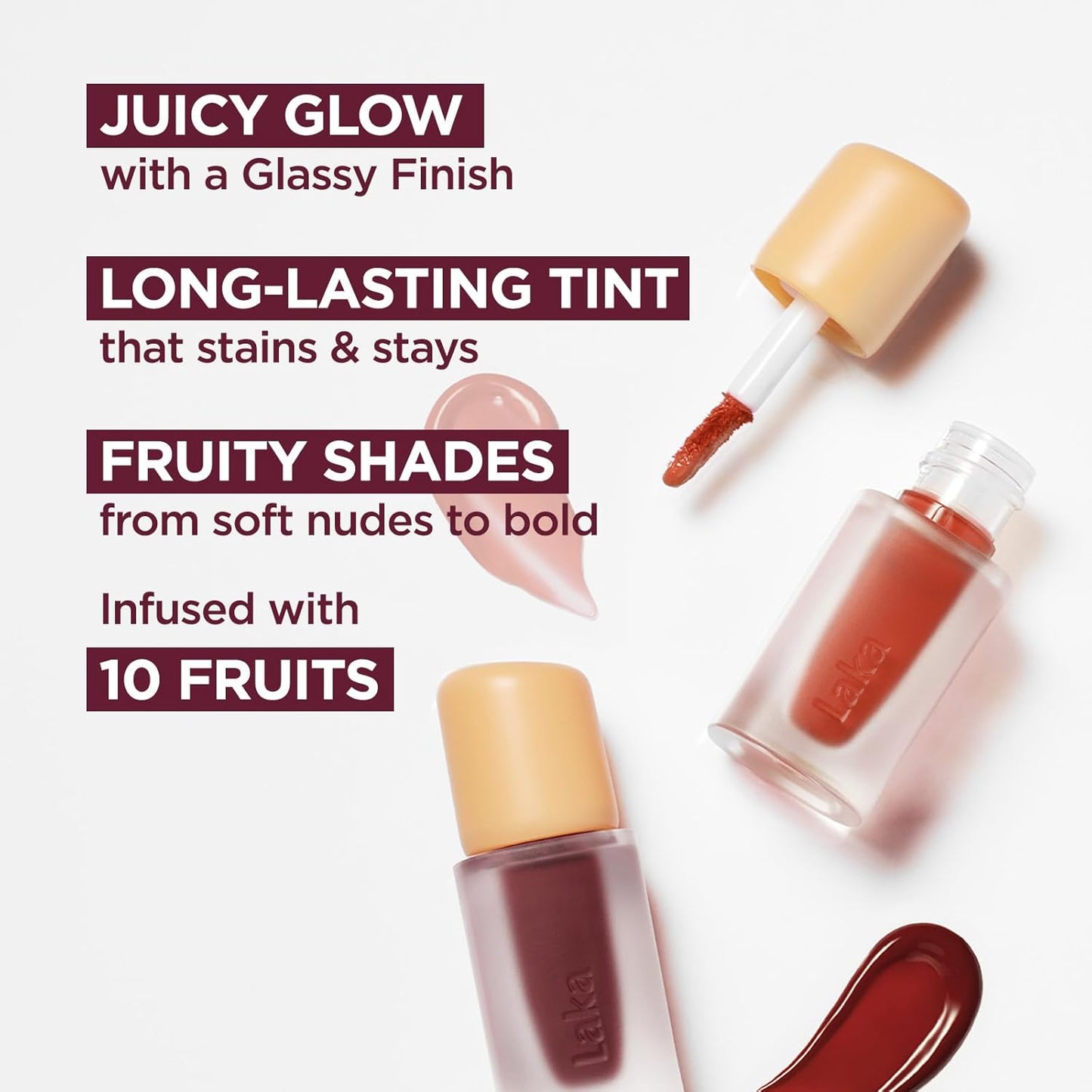 Laka Fruity Glam Lip Tint Mini, Glowing Lip Stain with Wide Color Spectrum, Hydrating & Lightweight Texture, Long-Lasting Bold Stain, Non-Sticky, Vegan, K-Beauty (#114 Harmony)