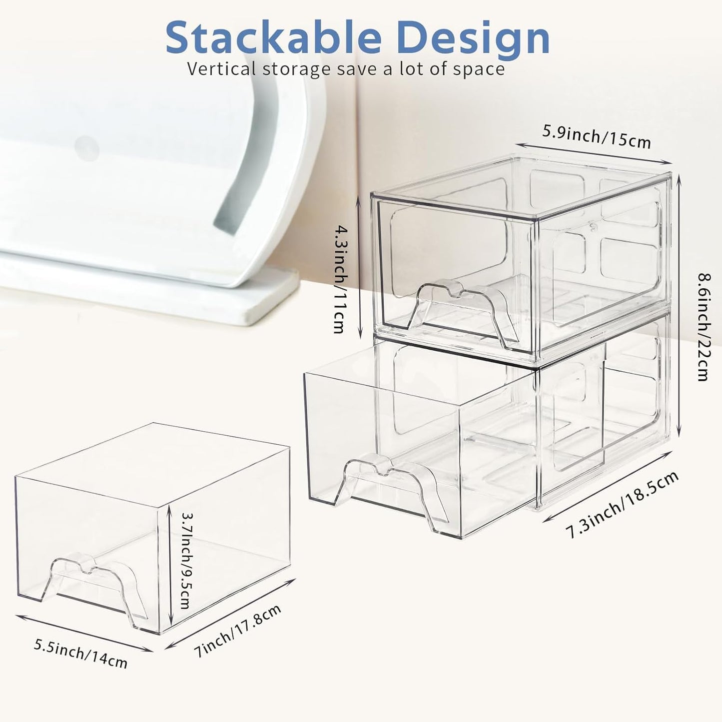 Plastic Drawers Storage, 4 Pack Clear Stackable Storage Drawers, Acrylic Storage Bins with Drawers for Fridge Organizers, Small PlasticDrawers Stackable for Makeup Organizers Cosmetic Display