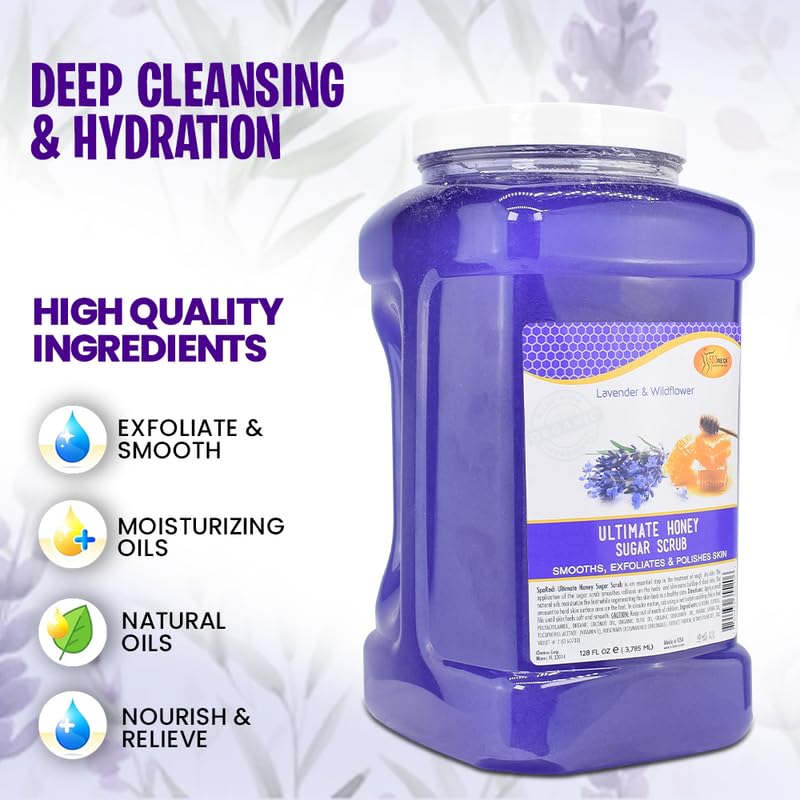SPA REDI – Sugar Body Scrub, Honey, Lavender and Wildflower, 128 Oz Exfoliating, Moisturizing, Hydrating and Nourishing, Glow, Polish, Smooth and Fresh Skin - Body Exfoliator