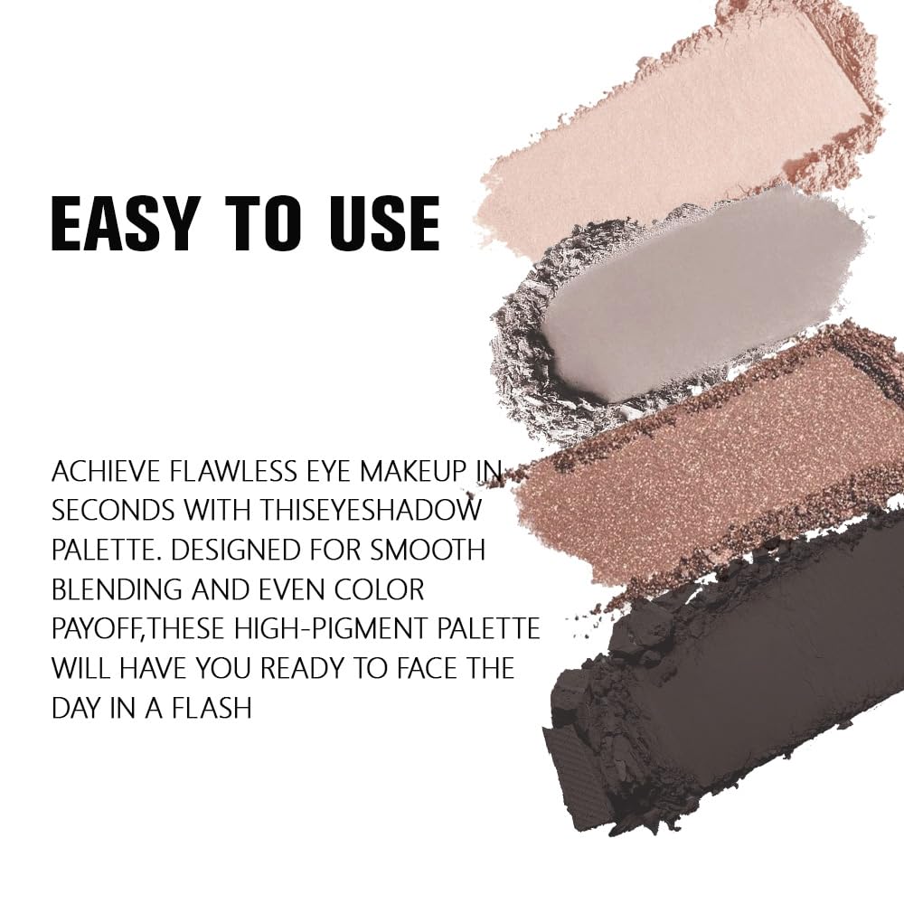 4 Colors Light Beige Gray Brown Black Eye Shadow Powder Palette Makeup, Neutral Matte Shimmer Cream Quads Eyeshadow Palette for Women Highly Pigmented Waterproof, paleta de sombras de ojos, Vegan, 07