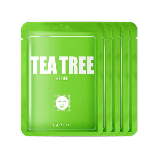 LAPCOS Tea Tree Sheet Mask, Daily Soothing Face Mask, Treats Acne & Clears Pores, Korean Beauty Favorite, 5-Pack