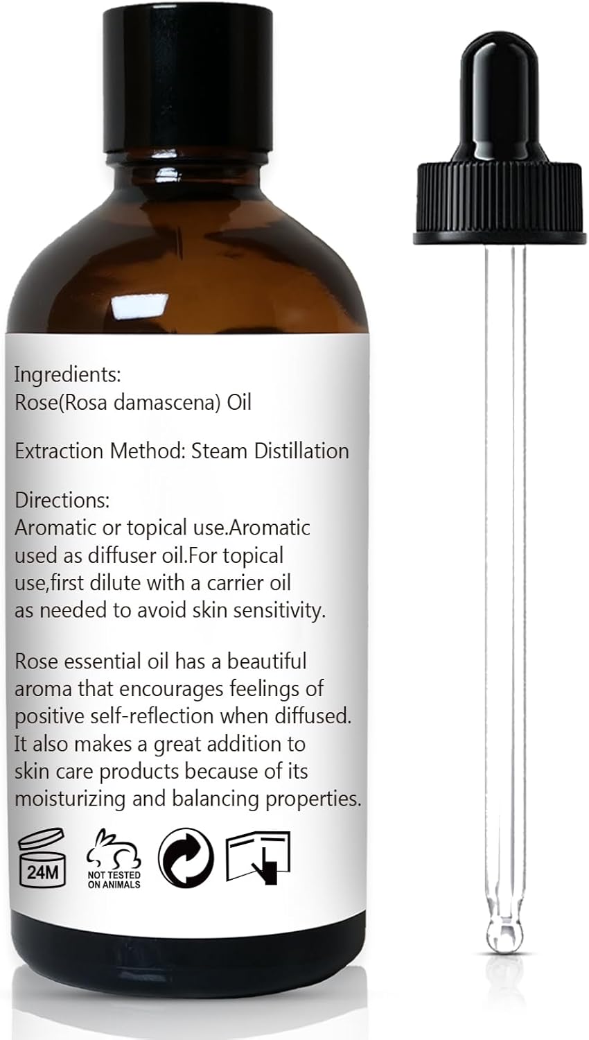 Rose Essential Oil, Home Fragrance Scent Oil for Diffuser, Skin, Hair, Candle, Soap, Dryer Balls, Laundry - 3.38 oz/100ml