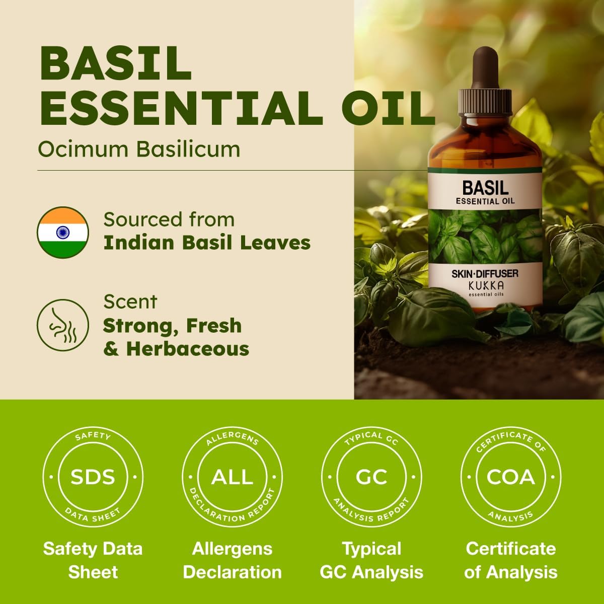 Kukka Basil Essential Oil for Diffusers - 4 Fl Oz - Basil Oil for Skin & Aromatherapy Scent Massage Candles, DIY Soap Making Scents