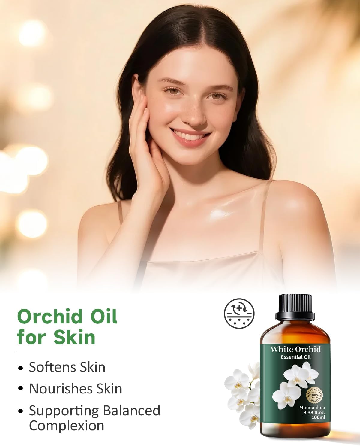 Mumianhua White Orchid Essential Oil Pure - Therapeutic Grade Aromatherapy Oil for Skin Care, Diffuser & Candle Making 100ml 3.38 Oz w/Dropper