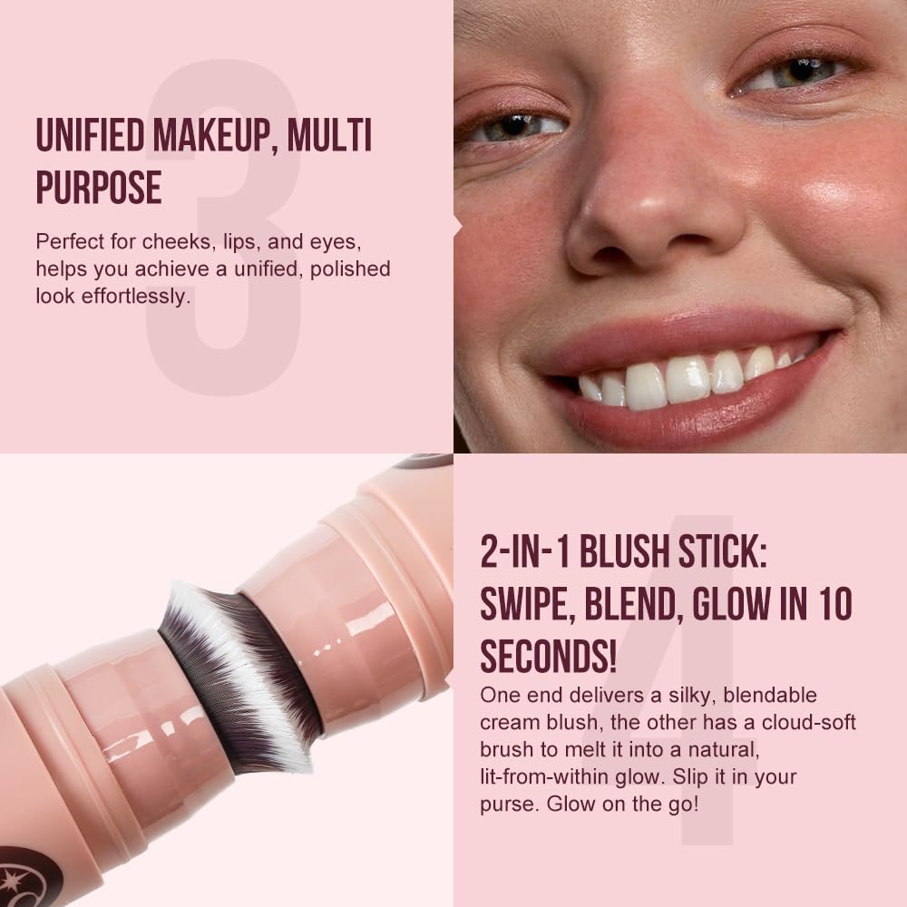 Multi-Use Waterproof Makeup Cream Blush Stick with Brush, Unidollss 3-in-1 Buildable Blush Stick for Cheeks, Eyes, and Lips, All day wear, Easy Application (06 BONFIRE)