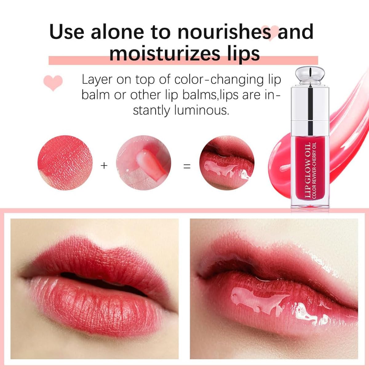 Hydrating Lip Glow Oil, Lip Oil Gloss Transparent Toot Tinted Nourishing Long Lasting Repairing Lightening Lip Lines (STRAWBERRY) 0.2 OZ