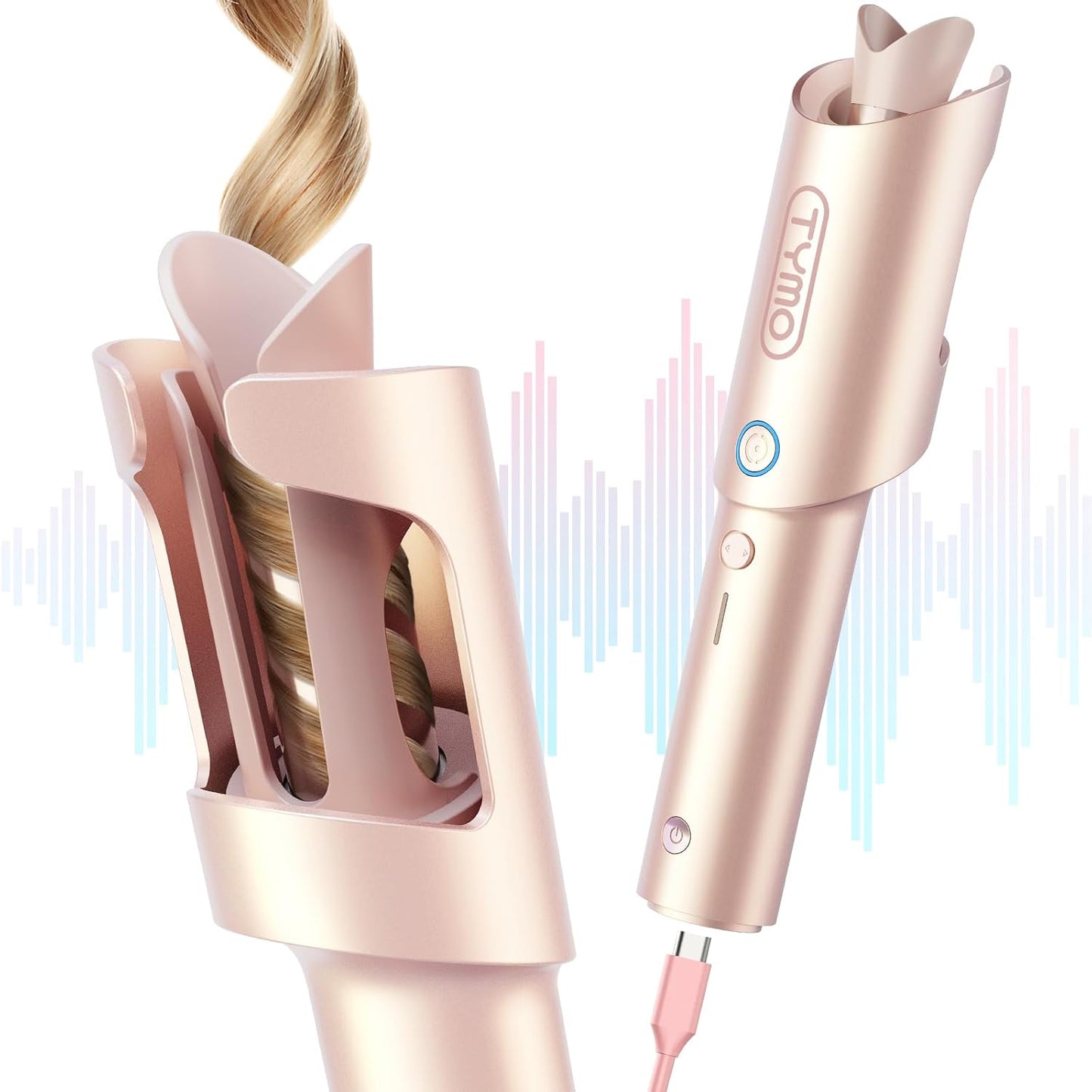 TYMO Cordless Automatic Curling Iron - TYMO CurlGo 1 Inch Beach Waves Rotating Curling Wand, Portable Hair Curlers for Travel, Dual Voltage & Rechargeable Curler for Women, Tangle-Free, Gold Blush