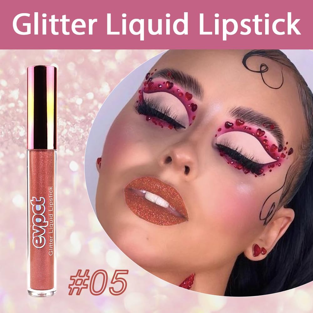 evpct 1Pcs Bronze Gold Matte to Glitter Liquid Lipstick Lip Set Kit, Long Lasting Matte Diamond Glitter Lipstick Waterproof, Colorful Sparkly Glossy Metallic Shimmer Sparkle Lip Gloss for Women 05#