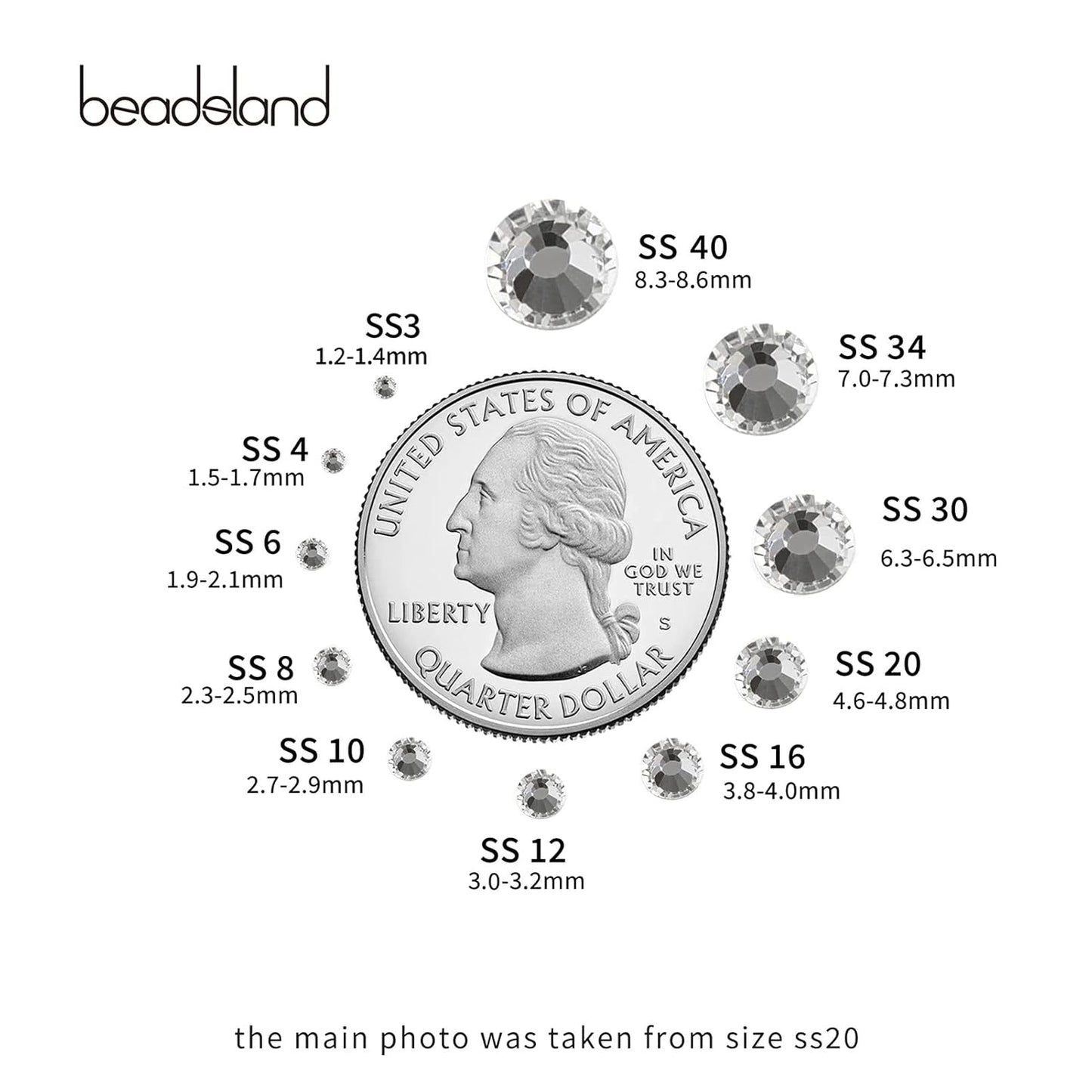 beadsland Flat Back Crystal Rhinestones Round Gems for Nail Art and Craft Glue Fix, Crystal (7.1-7.3mm) SS34/288pcs