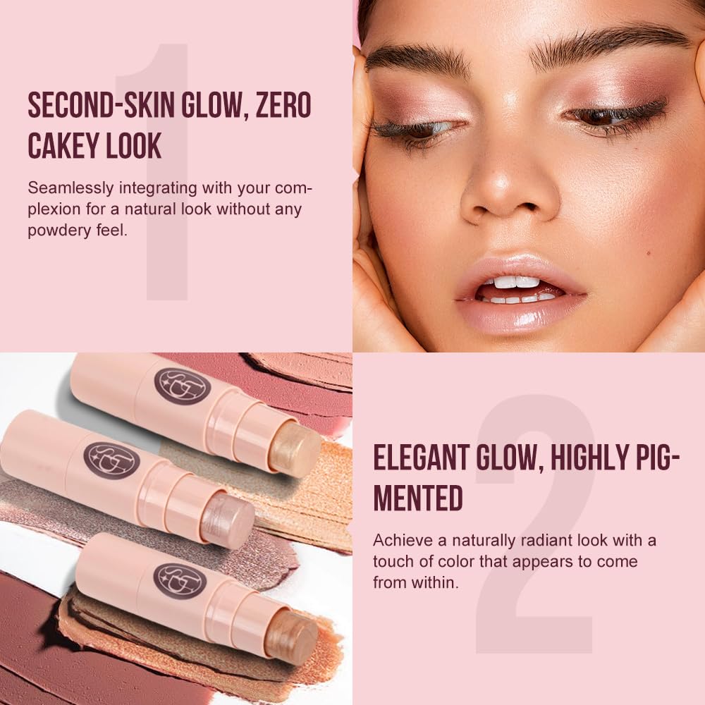 Multi-Use Waterproof Highlighter Stick with Brush – Unidollss 3-in-1 Cream Contour, Bronzer & Blush Stick for Cheeks, Eyes & Lips, Long-Lasting Glow, Easy Application(09 GOLDEN HOUR)