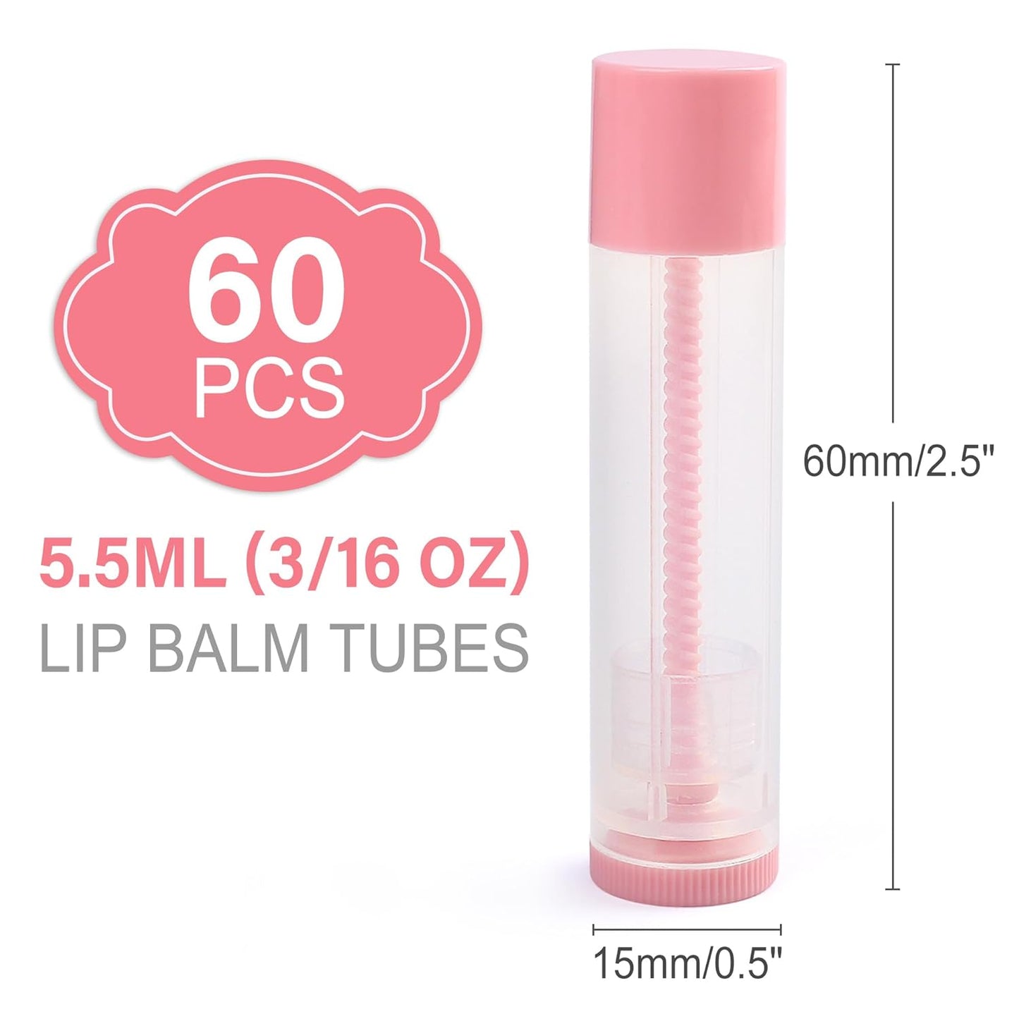 LotFancy Lip Balm Tubes Empty, 60PCS 5.5ml (3/16 Oz), Clear Lip Balm Container Tubes with Pink Caps, BPA Free & Leak Free, Refillable