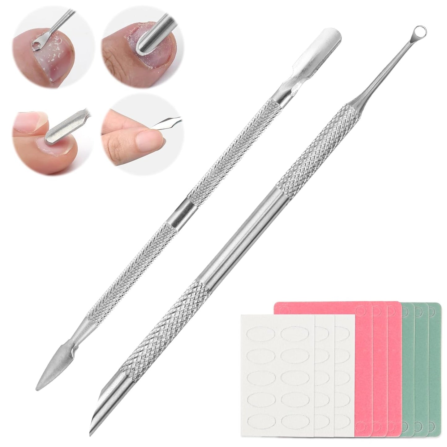 Professional Nail Cuticle Around Polish Remover Tool, Stainless Steel Dual-Ended Russian Prep Cuticle Pusher Tool with 9 Sheets 100/180/240 Grit Sandpaper for Manicure Pedicure Home Salon Use