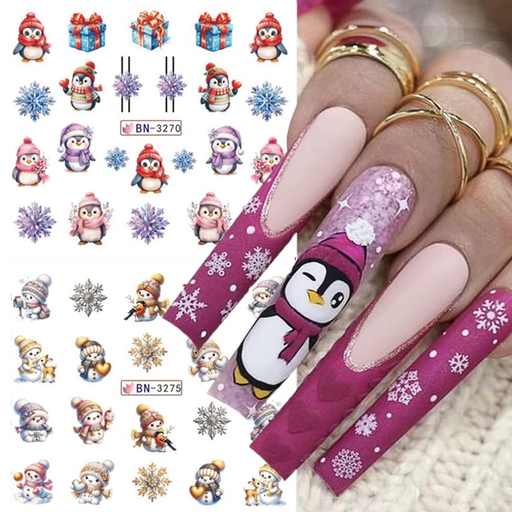 12 Sheets Christmas Nail Art Stickers Winter Snowflake Snowman Water Transfer Nail Decals Xmas Tree Santa Claus Penguin Gingerbread Man Design Acrylic Nail Foils for Women Kids DIY Holiday Nail Decor