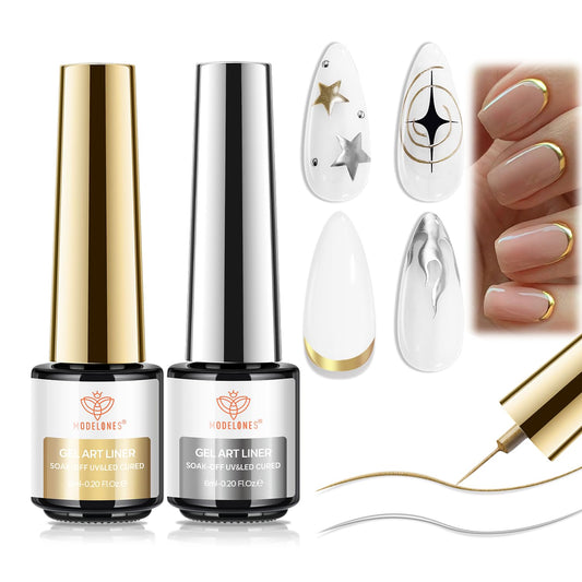 modelones Metallic Gold Silver Gel Liner Nail Polish 2 Pcs Chrome Mirror 3D Effect Nail Art Polish Bronze Thin Brush For Swirl Soak Off French Tip DIY Salon Nail Glue Manicure Gift For Women Girls