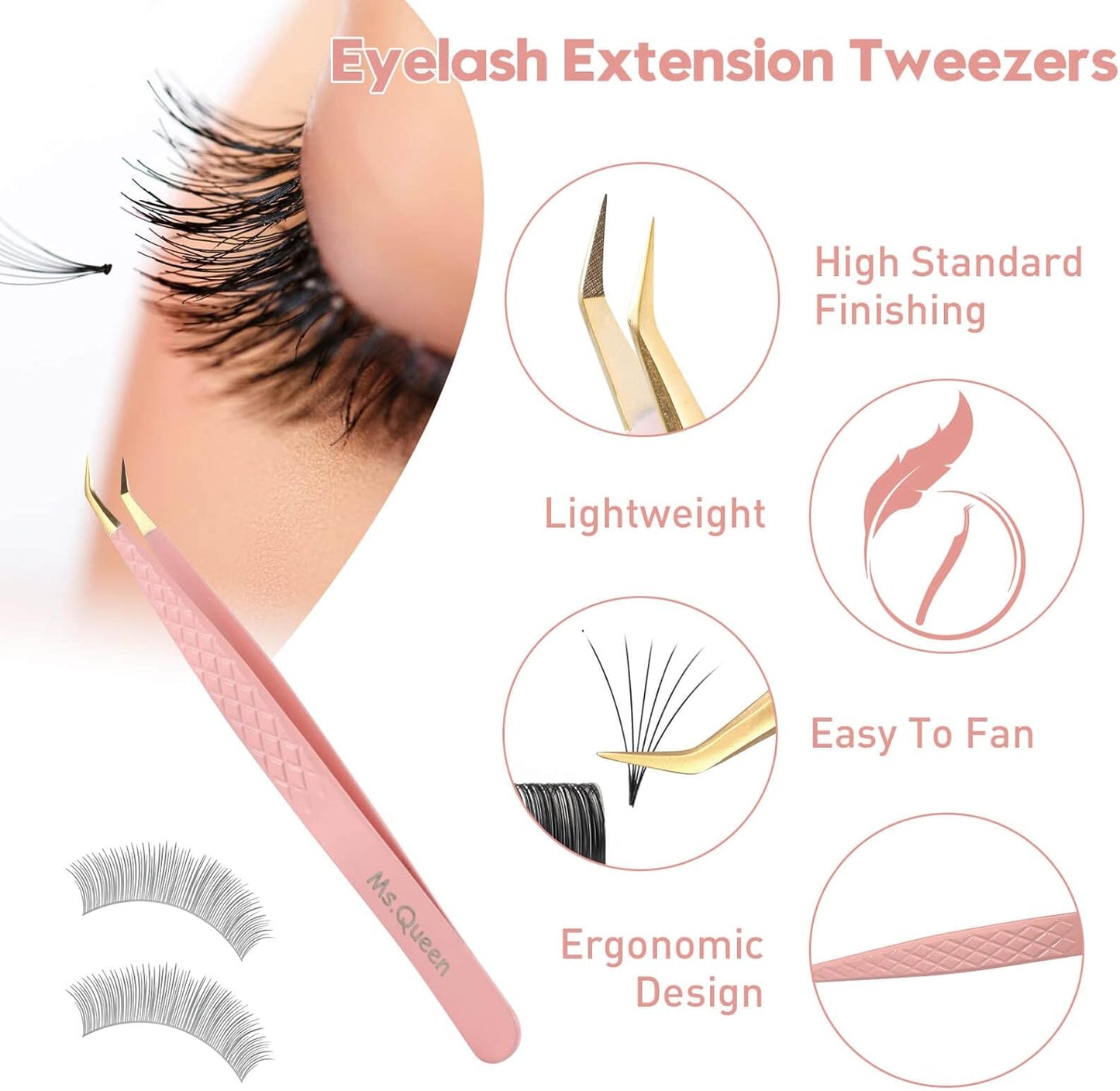 Ms.Queen Lash Tweezers for Eyelash Extensions, Professional Curved Tip Lashing Tweezers for Isolation and Individual Volume Lashes Extension