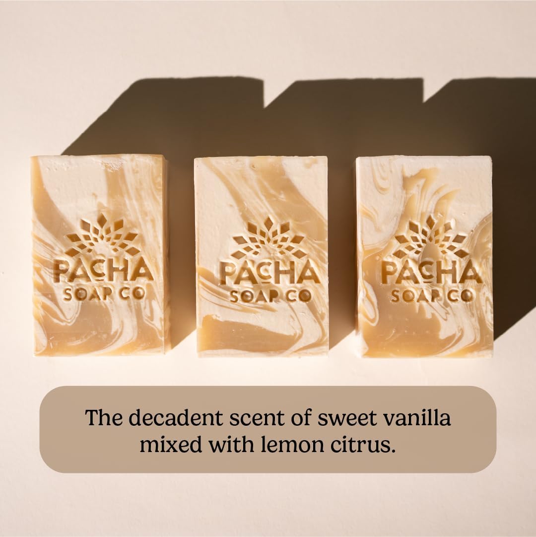Pacha Soap Co. Bar Soap - Premium, Handcrafted, Hydrating, Natural Face Wash, Hand Cleanser, Body Wash, Soothing Essential Oils (Coconut Lemon, 5-Pack, 4 oz ea)