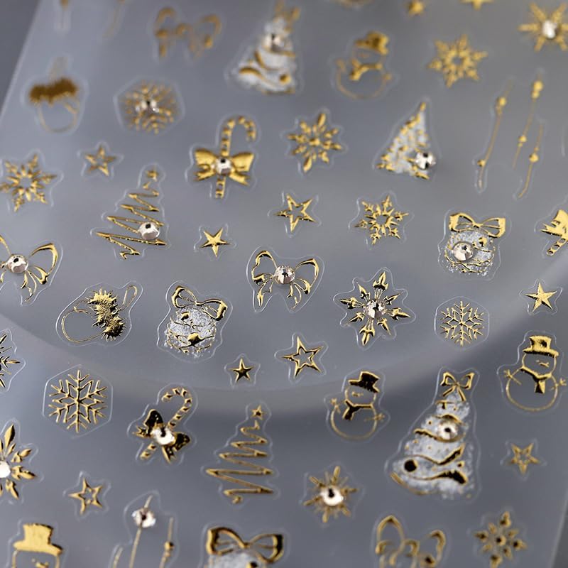 5D Embossed Christmas Nail Art Stickers Gold Snowflake Nail Stickers Self-Adhesive Snowman Xmas Tree Rhinestone Star Nail Decals for Women Girls Winter Holiday Manicure DIY Supplies