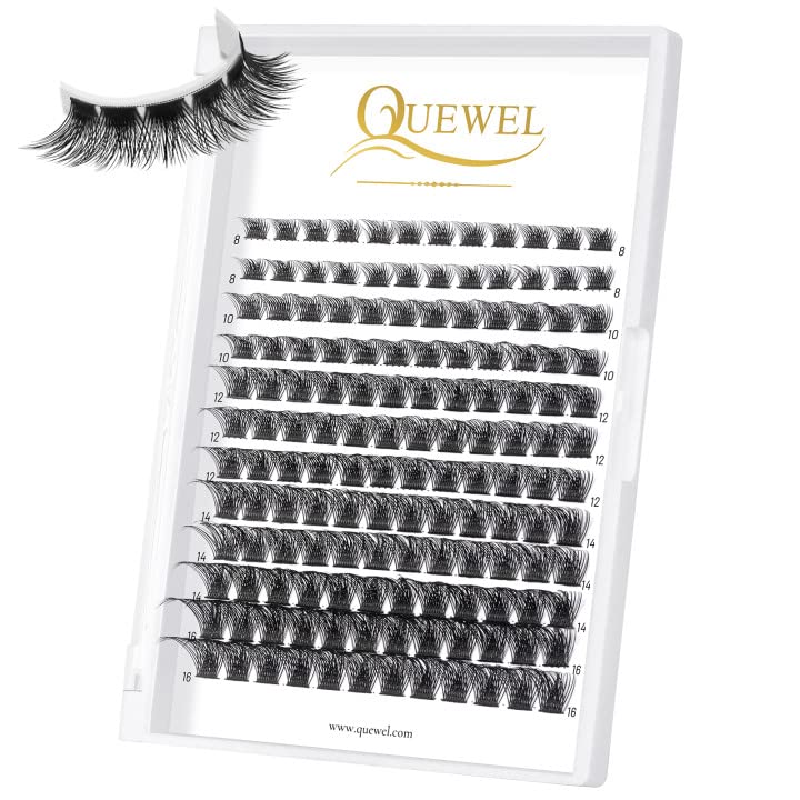 QUEWEL Cluster Lashes 144 Pcs Wide Stem Individual Lashes C/D Curl 8-16mm Length DIY Eyelash Extension False Eyelashes Natural&Mega Styles Soft for Personal Makeup Use at Home (Mega-D-MIX-144 Pcs)