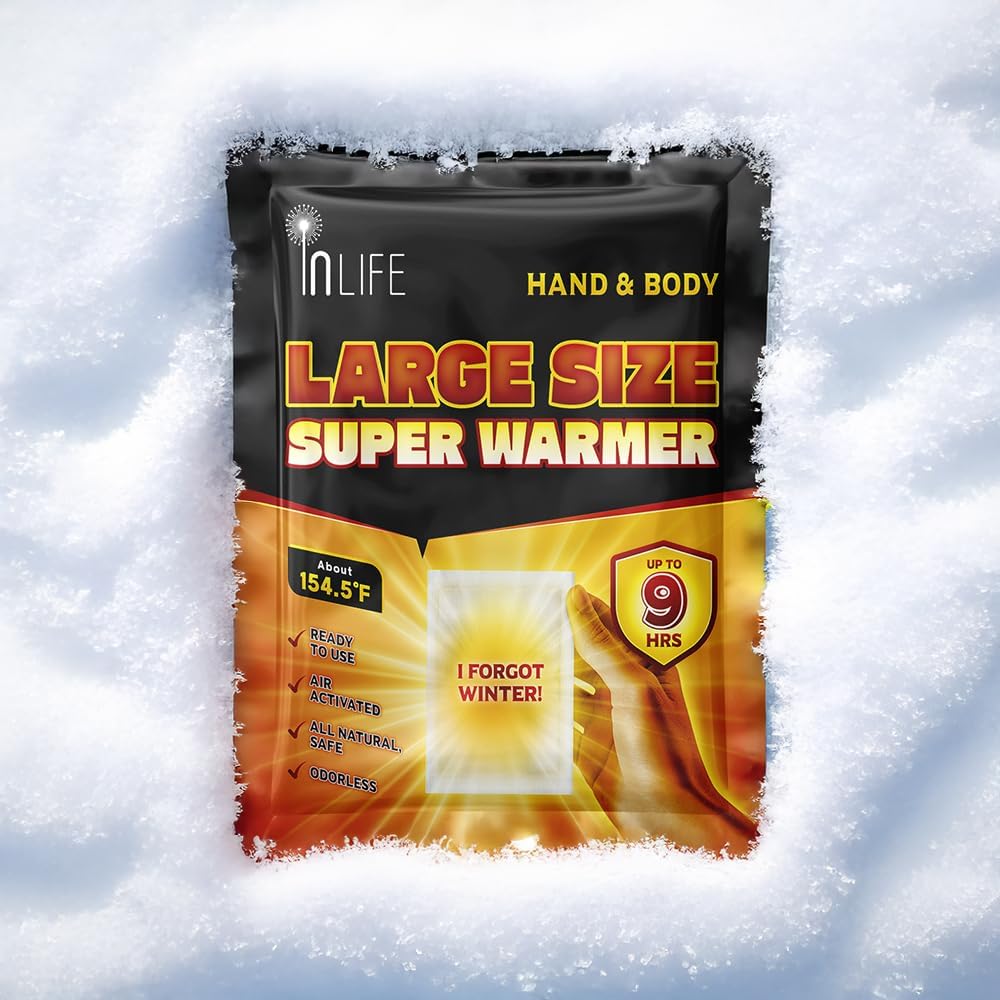 InLife Large Size Super Warmer for Hands and Body, All Natural & Safe, Bigger & Wider Area Covered, Higher Heating 145°F, Air Activated, Easy & Comfort, Steady Longer Lasting, Odorless, 40 Packs