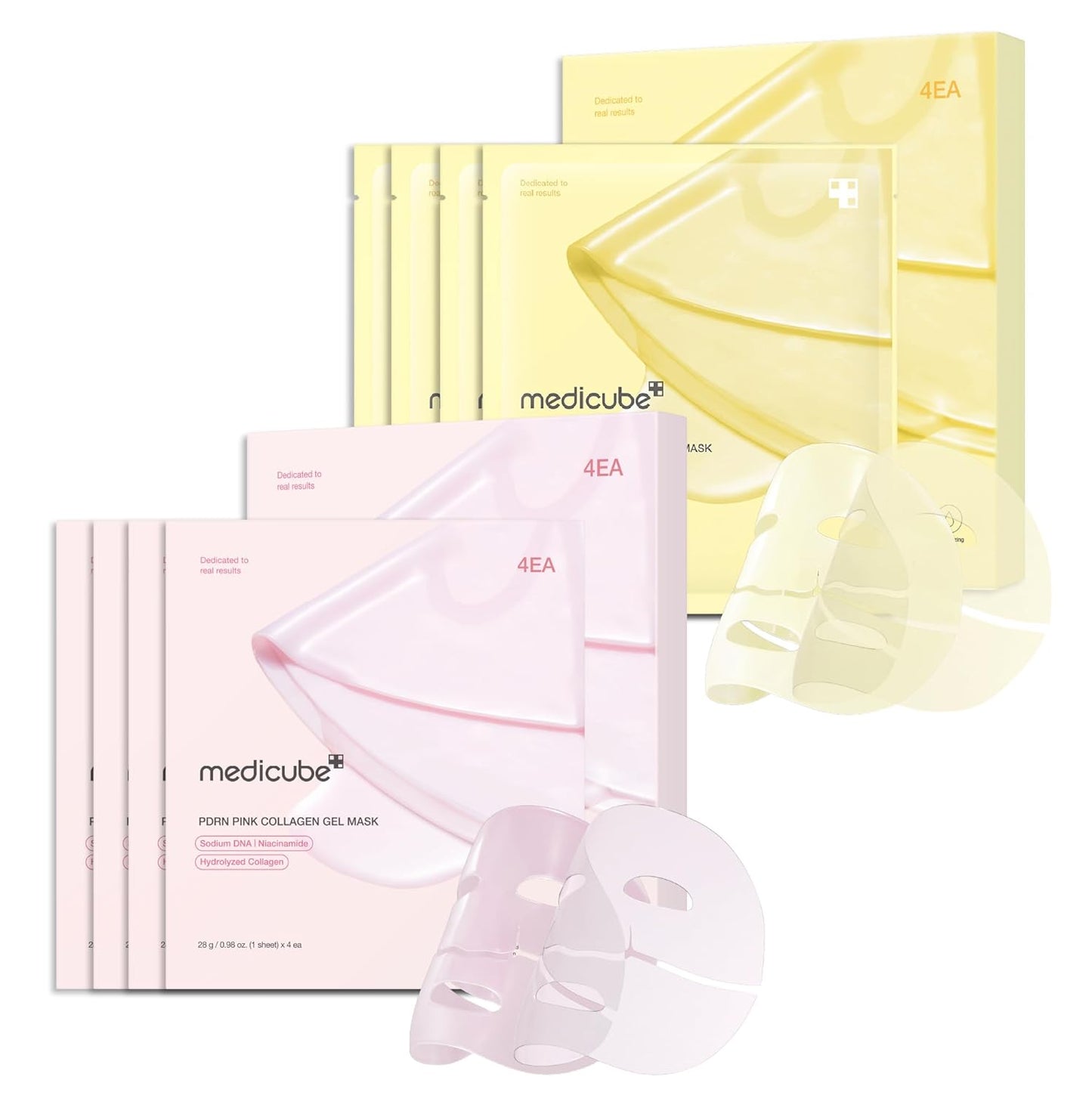 medicube Color-Changing Jelly Mask Set For Uneven Skin Tone & Radiant Glow: Salmon DNA PDRN pink collagen jelly gel mask (4ea) and Kojic Acid Turmeric Brightening Gold Jelly Gel Mask (4ea)